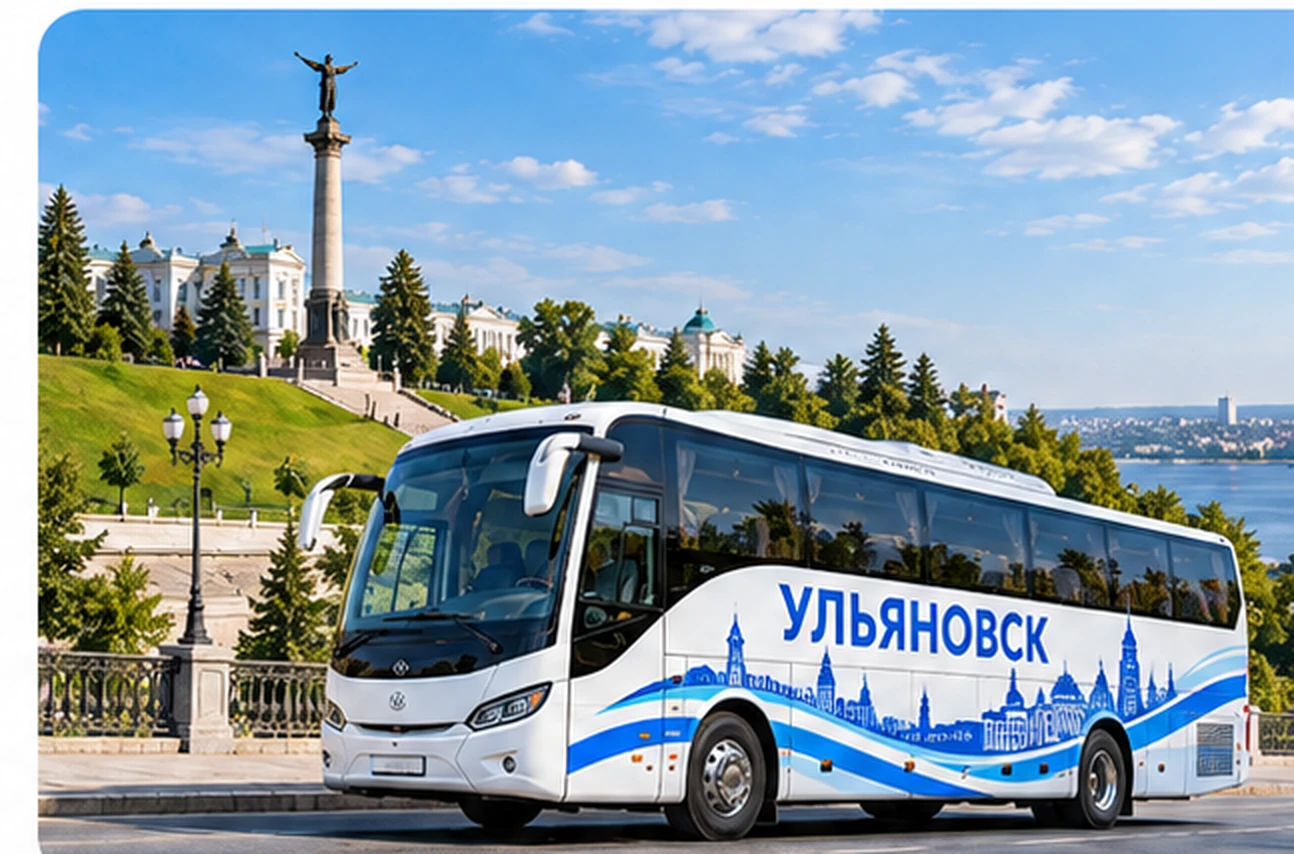 Пассажирский автобус Ульяновск на фоне города Ульяновска
